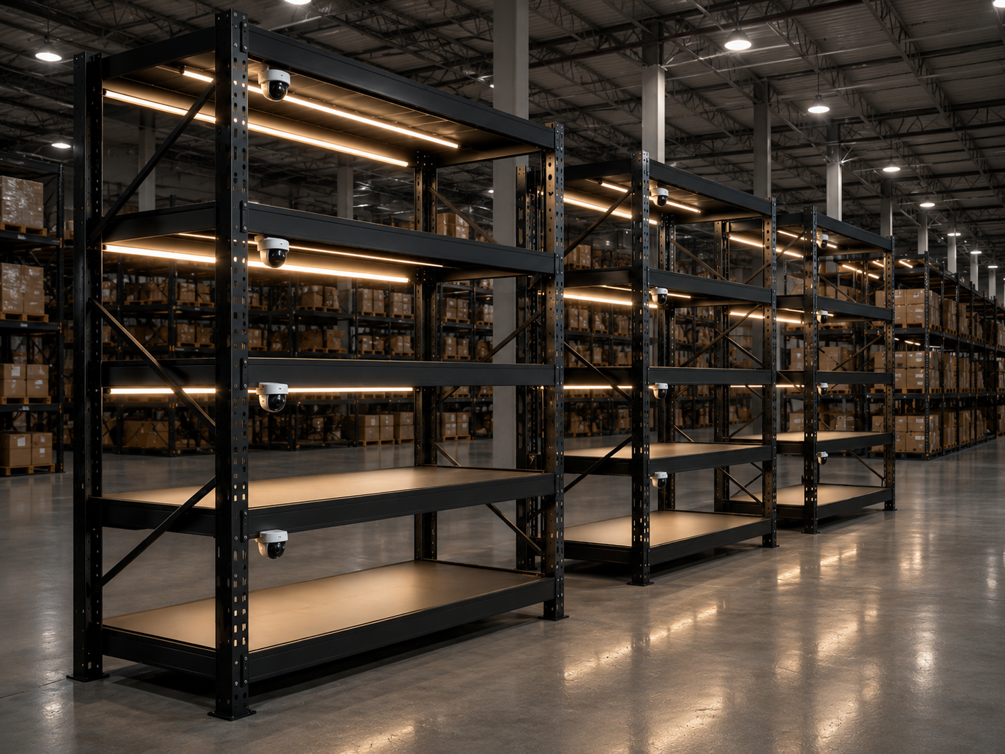 Racks industriales con iluminación integrada y cámaras, como ejemplo de mobiliario técnico con valor tecnológico visible